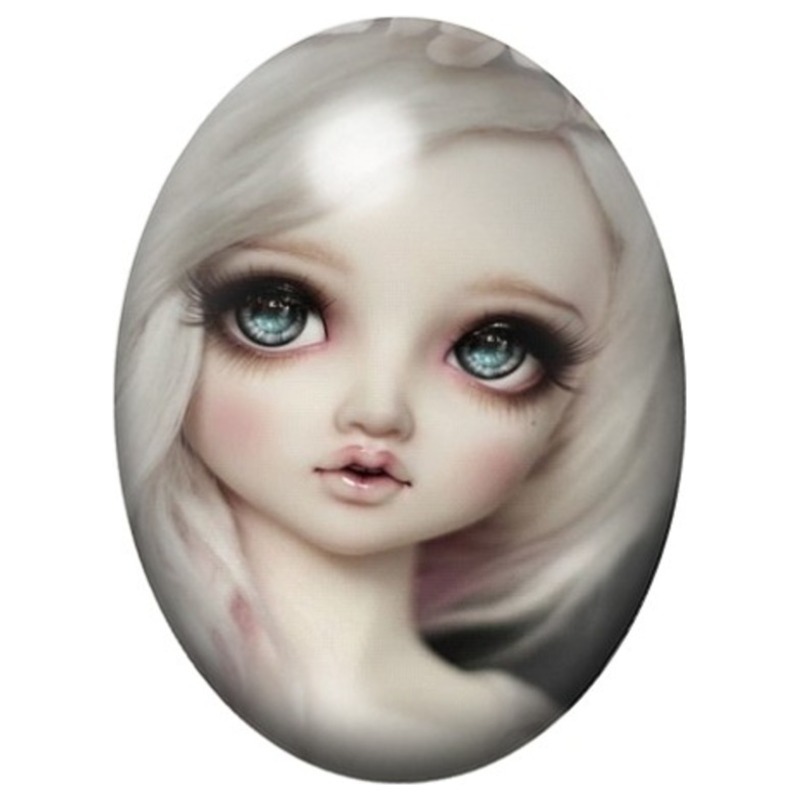 Cabochon en Verre Illustré Poupée Blonde aux Grands Yeux Bleus 13x18, 18x25 ou 30x40mm