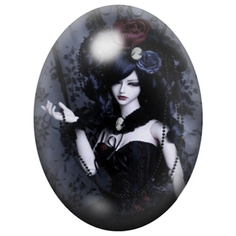 Cabochon en Verre Illustré Poupée Gothique à la Rose Noire 13x18, 18x25 ou 30x40mm