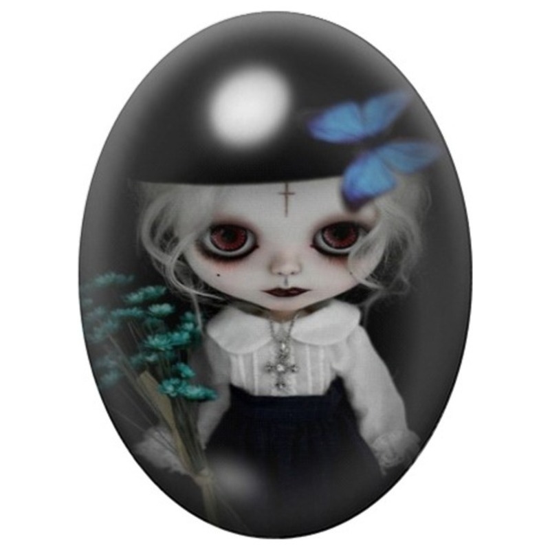 Cabochon en Verre Illustré Poupée Gothique au Chapeau Noir 13x18, 18x25 ou 30x40mm