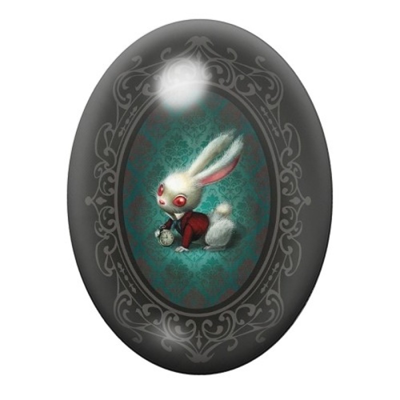 Cabochon en Verre Illustré Lapin Blanc Alice au Pays des Merveilles 13x18, 18x25 ou 30x40mm