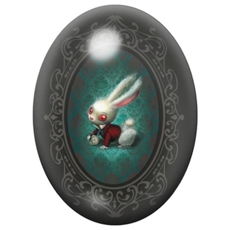 Cabochon en Verre Illustré Lapin Blanc dans un Cadre Noir 13x18, 18x25 ou 30x40mm