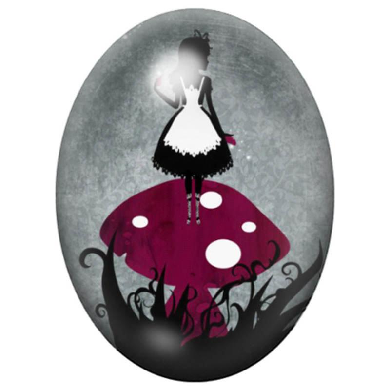 Cabochon en Verre Illustré Alice sur un Champignon Rouge 13x18, 18x25 ou 30x40mm