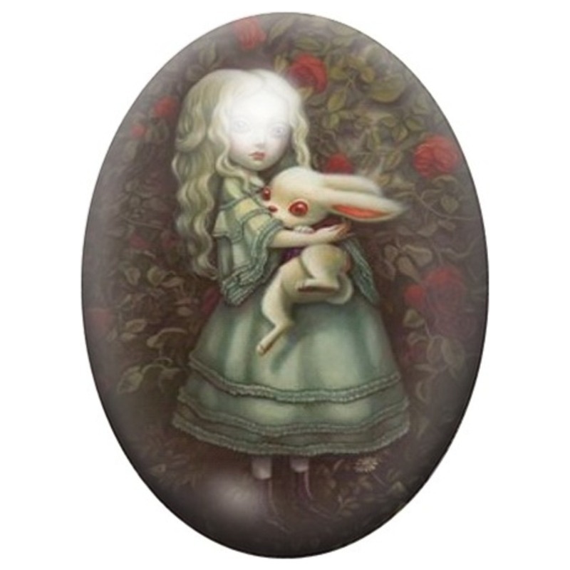 Cabochon en Verre Illustré Alice Serrant le Lapin Blanc 13x18, 18x25 ou 30x40mm