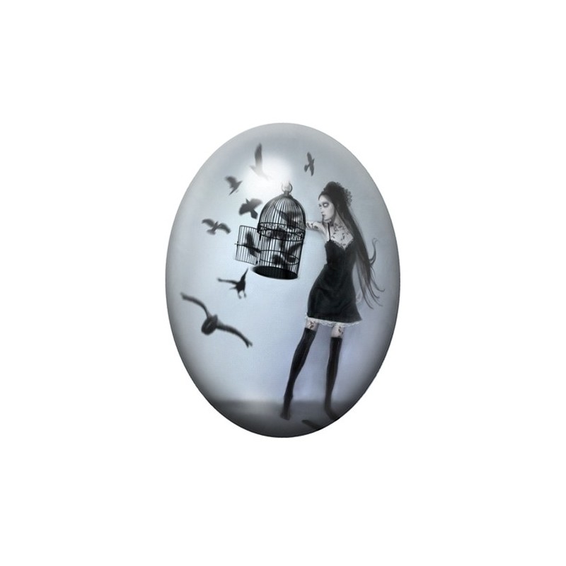 Cabochon en Verre Illustré Femme Corbeaux Cage Gothique 13x18, 18x25 ou 30x40mm