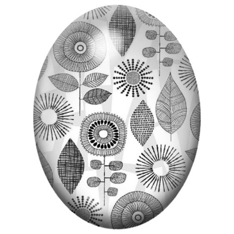 Cabochon en Verre Illustré Fleurs Géométriques Noir et Blanc 13x18, 18x25 ou 30x40mm
