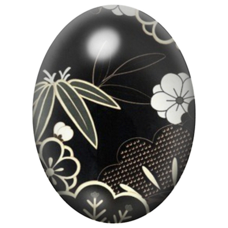 Cabochon en Verre Illustré Fleurs Japonaises sur Fond Noir 13x18, 18x25 ou 30x40mm