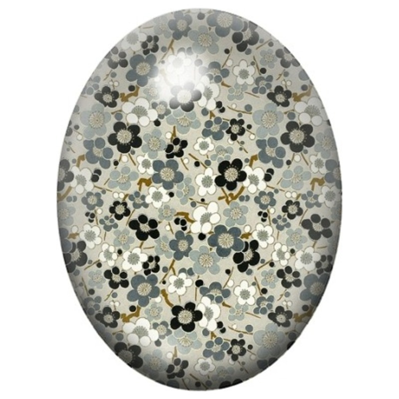 Cabochon en Verre Illustré Petites Fleurs Noires et Grises 13x18, 18x25 ou 30x40mm