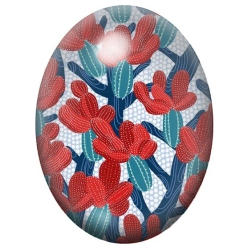 Cabochon en Verre Illustré Fleurs Rouges et Feuilles Bleues 13x18, 18x25 ou 30x40mm