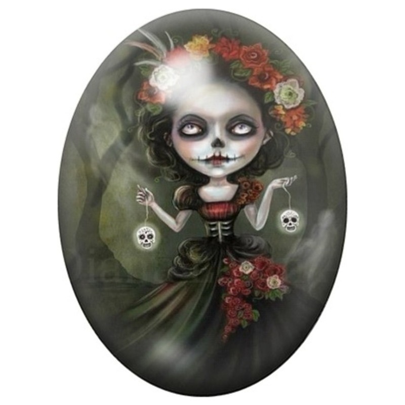 Cabochon en Verre Illustré Femme Calavera aux Roses Rouges 13x18, 18x25 ou 30x40mm