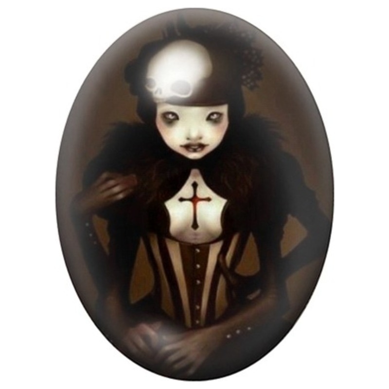 Cabochon en Verre Illustré Femme Gothique à la Croix 13x18, 18x25 ou 30x40mm