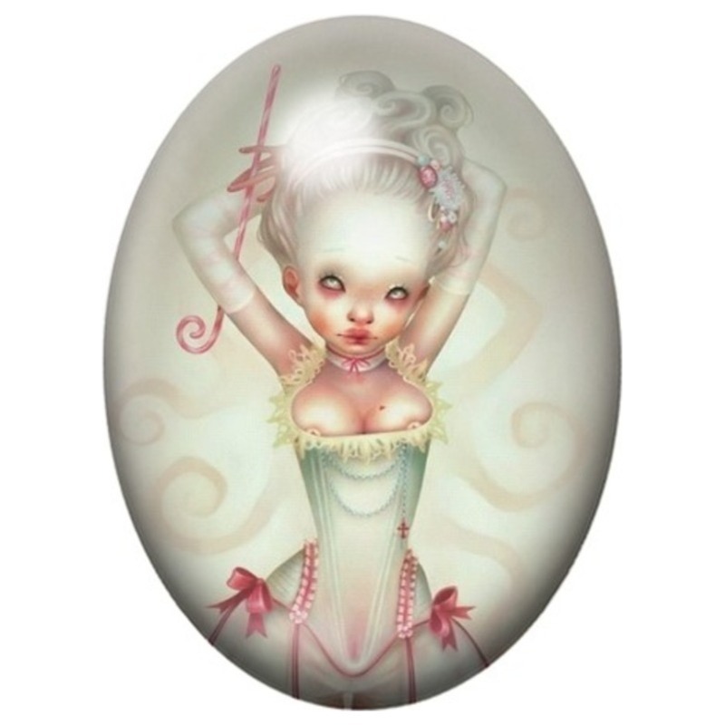 Cabochon en Verre Illustré Fille Étrange en Corset Rose 13x18, 18x25 ou 30x40mm