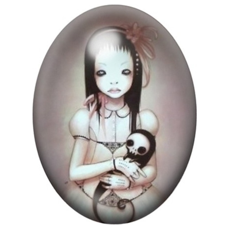 Cabochon en Verre Illustré Fille Étrange à la Poupée Crâne 13x18, 18x25 ou 30x40mm