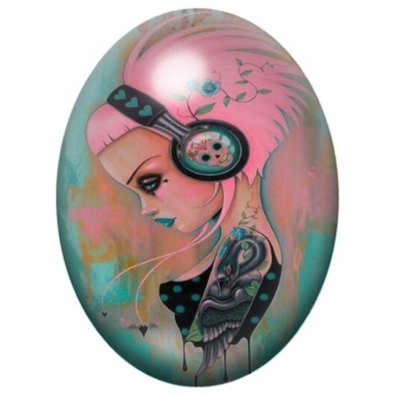 Cabochon en Verre Illustré Fille Tatouée aux Cheveux Roses 13x18, 18x25 ou 30x40mm