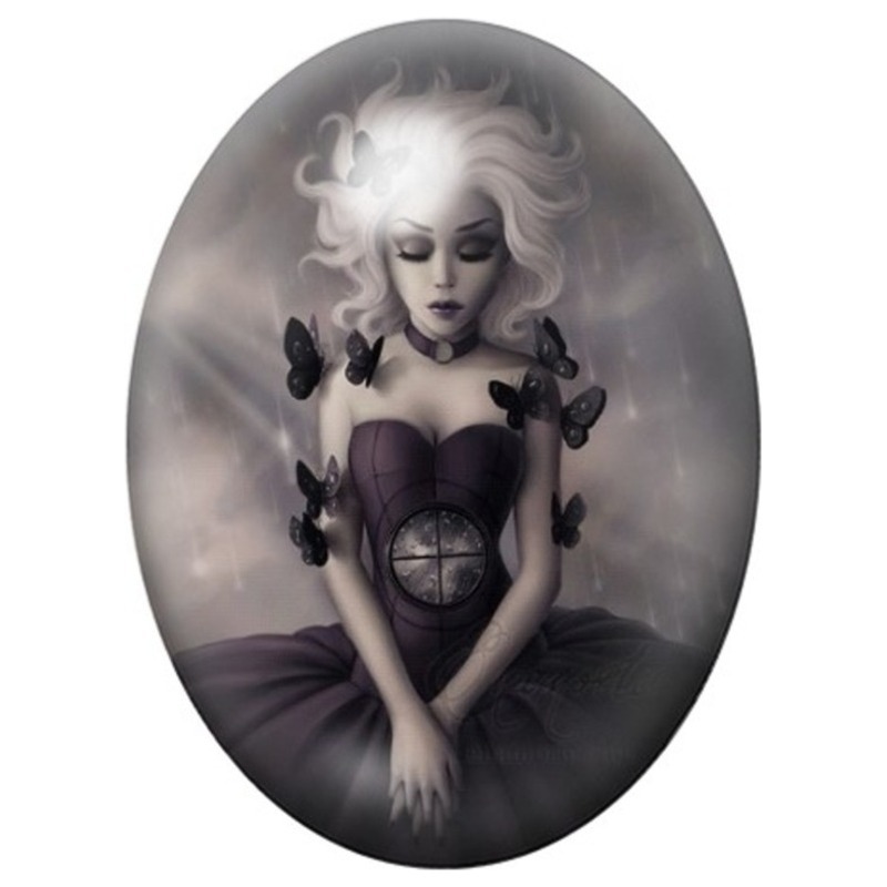 Cabochon en Verre Illustré Fille aux Papillons Noirs 13x18, 18x25 ou 30x40mm