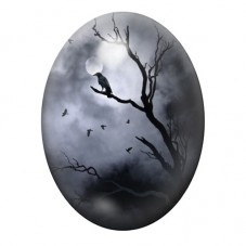 Cabochon en Verre Illustré Corbeau sur Branche sous la Lune 13x18, 18x25 ou 30x40mm pour la création de bijoux fantaisie - DIY