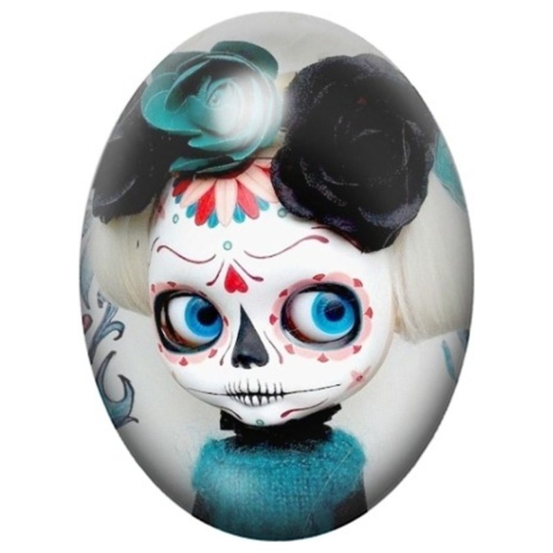 Cabochon en Verre Illustré Poupée Calavera aux Macarons 13x18, 18x25 ou 30x40mm