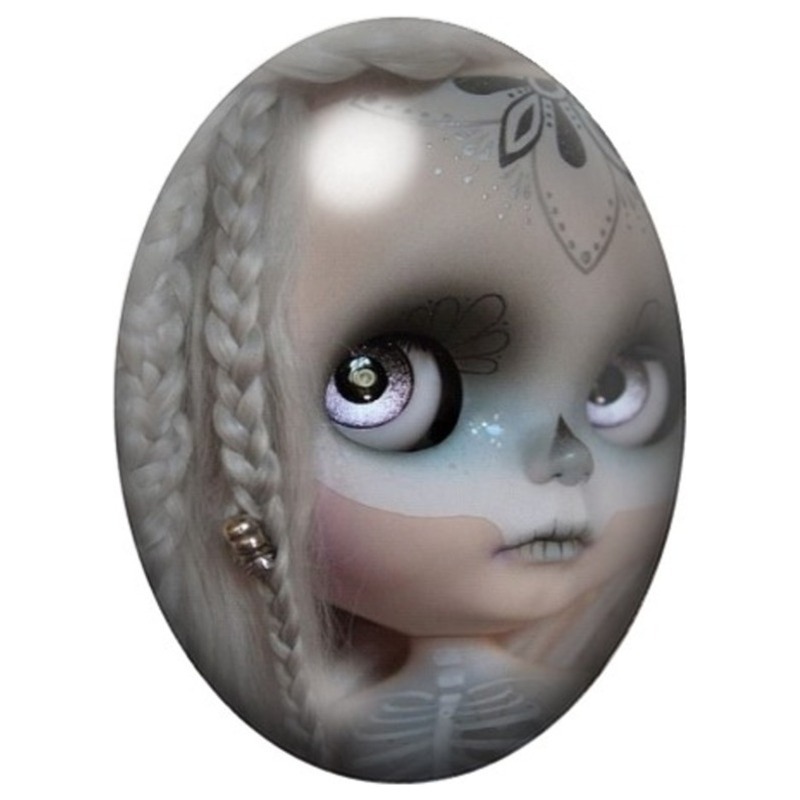Cabochon en Verre Illustré Poupée Calavera aux Tresses Blondes 13x18, 18x25 ou 30x40mm