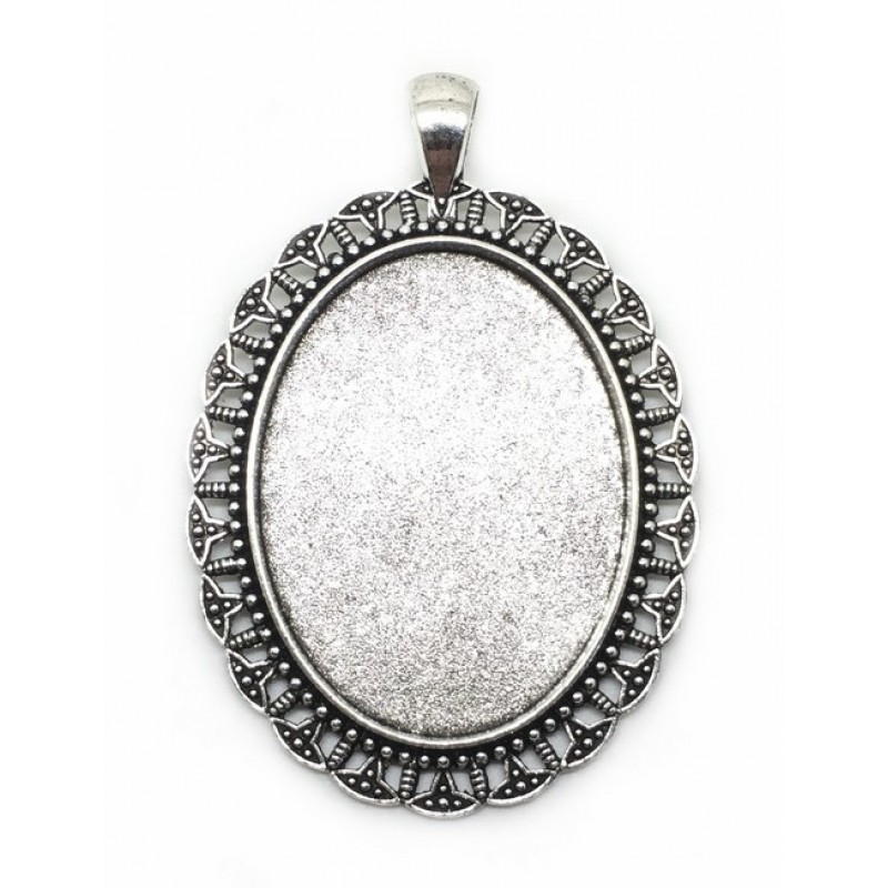 Support Pendentif Ajouré Argenté pour Cabochon Ovale 30x40mm