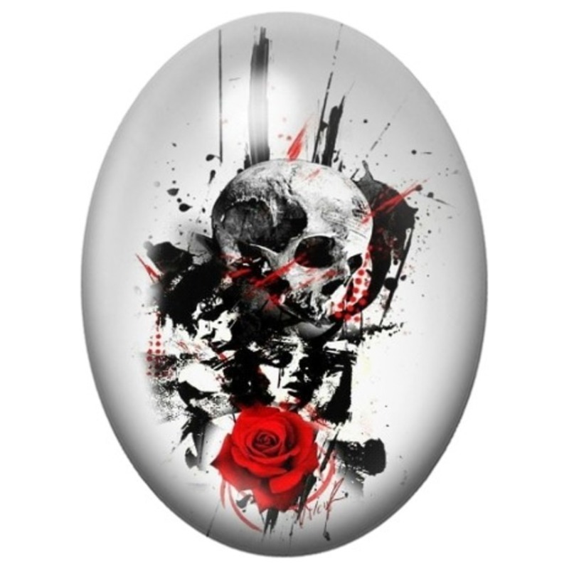 Cabochon en Verre Illustré Crâne Noir à la Rose Rouge 13x18, 18x25 ou 30x40mm