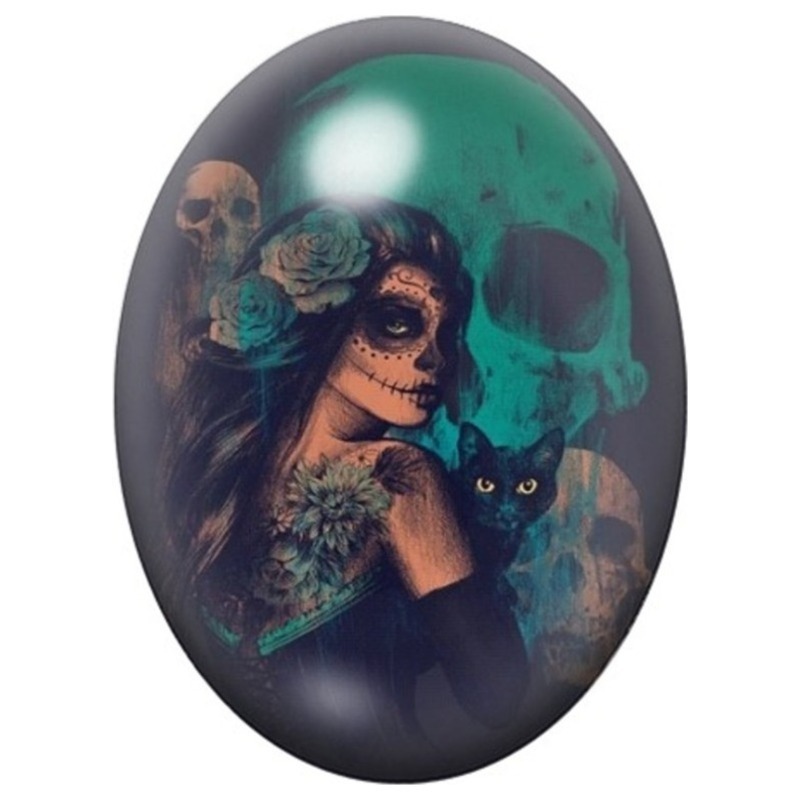 Cabochon en Verre Illustré Femme Calavera au Chat Noir 13x18, 18x25 ou 30x40mm