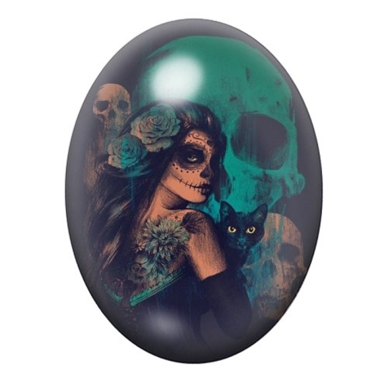 Cabochon en Verre Illustré Femme Crâne Gothique 13x18, 18x25 ou 30x40mm