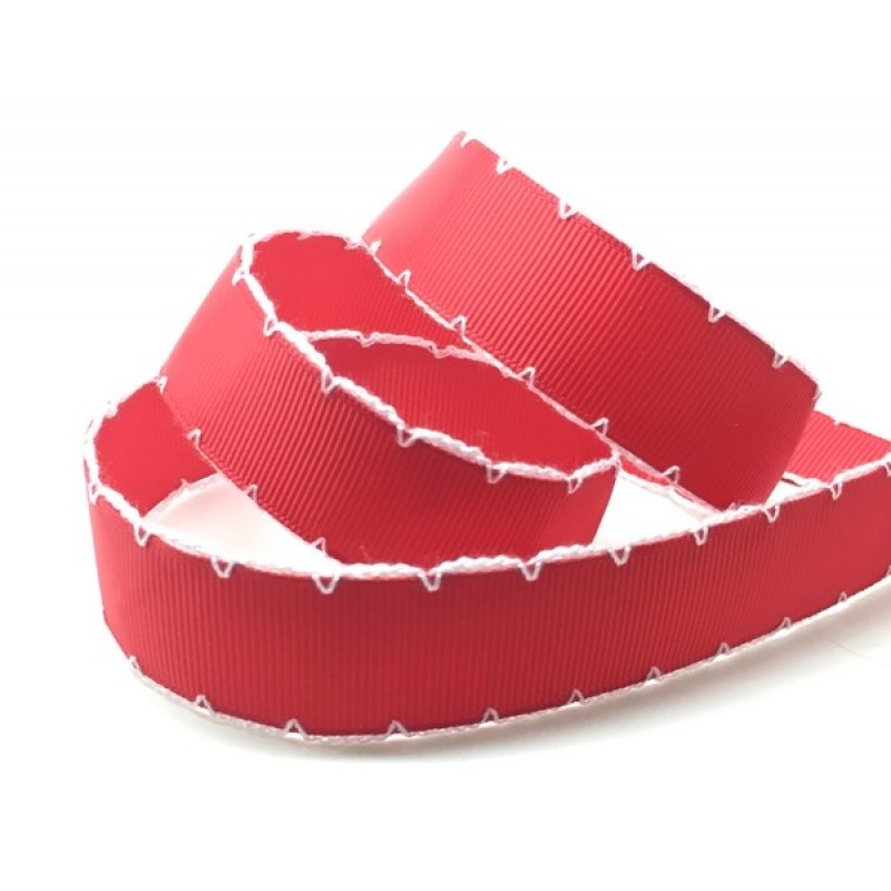 1 Mètre de Ruban Gros Grain Noël Rouge Liseré Blanc 25mm