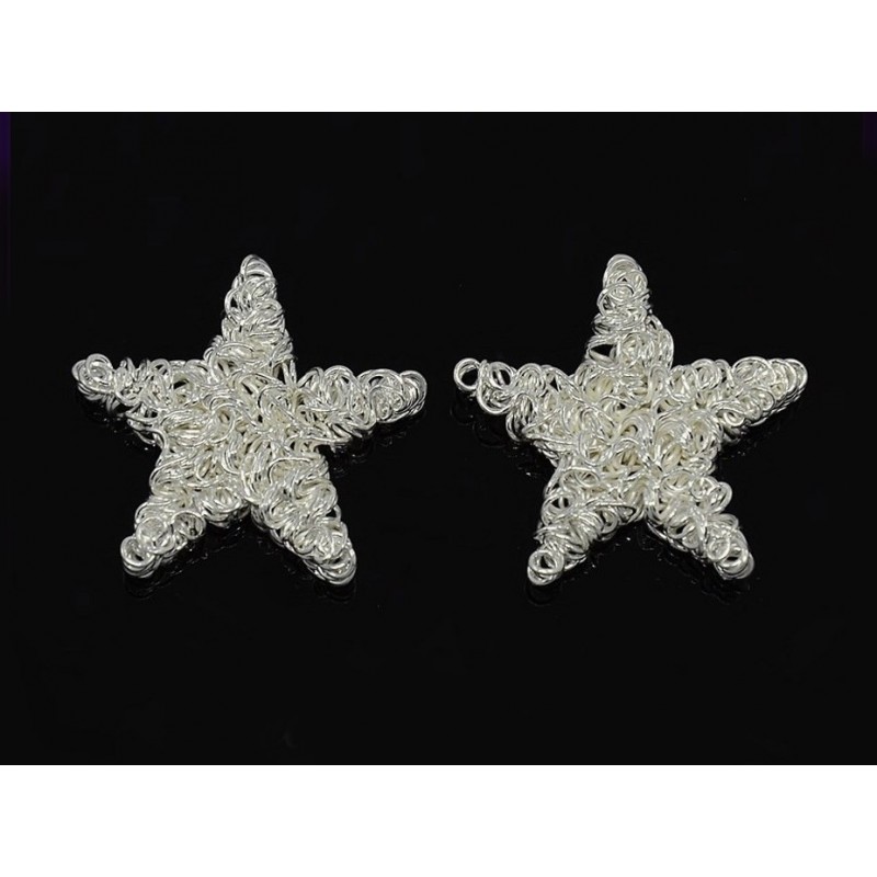 2 Cabochons Étoile en Fil de Fer Argenté Noël 25mm