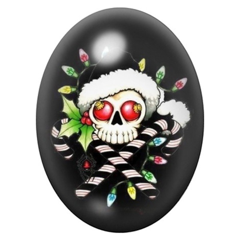 Cabochon en Verre Illustré Crâne de Noël Fleuri 13x18, 18x25 ou 30x40mm