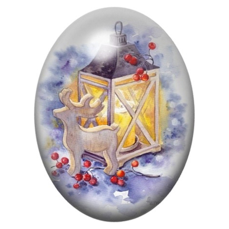 Cabochon en Verre Illustré Lanterne de Noël aux Oiseaux 13x18, 18x25 ou 30x40mm