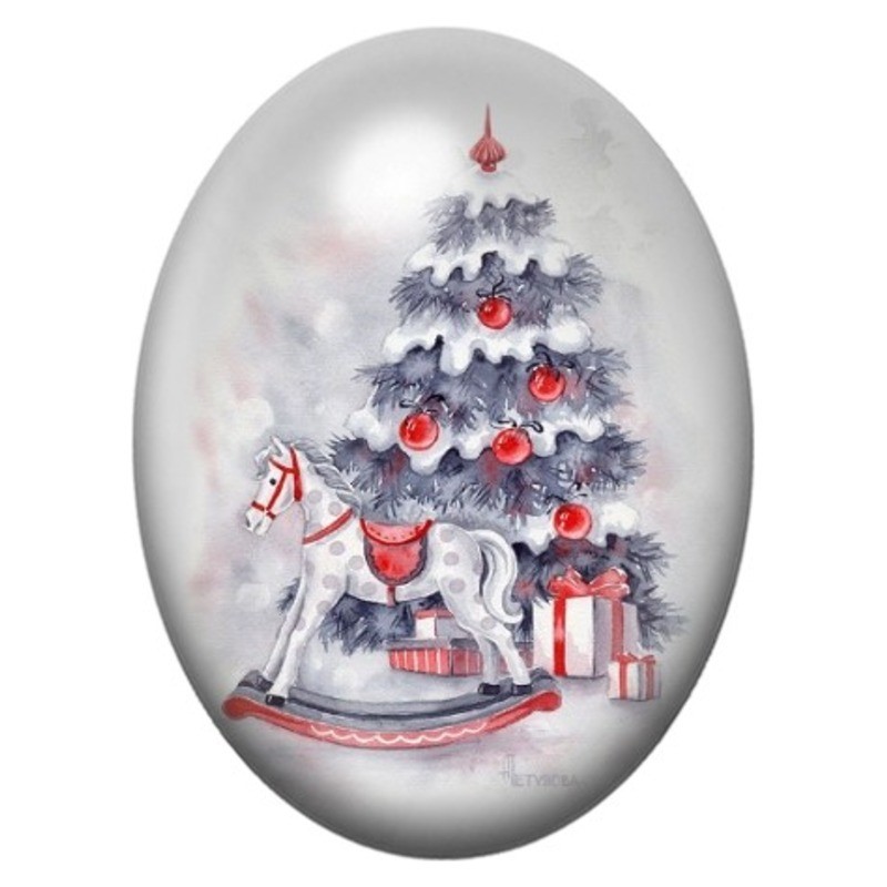 Cabochon en Verre Illustré Sapin de Noël aux Cadeaux 13x18, 18x25 ou 30x40mm