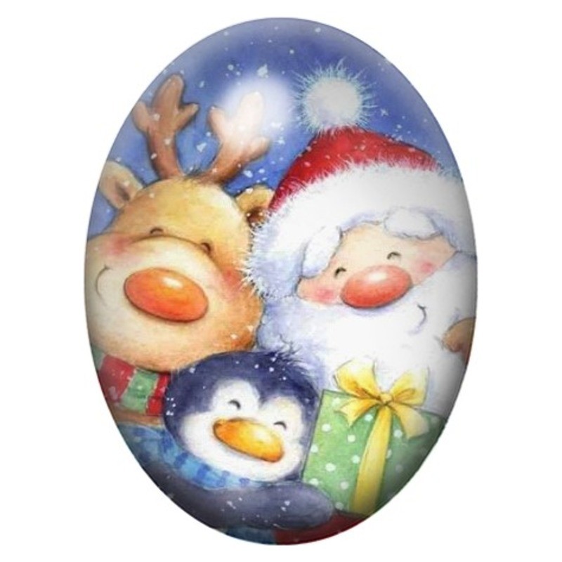 Cabochon en Verre Illustré Père Noël avec Rudolph et Pingouin 13x18, 18x25 ou 30x40mm