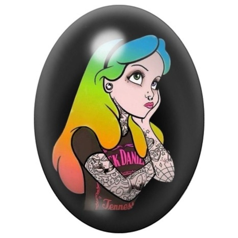Cabochon en Verre Illustré Alice Rock aux Cheveux Arc-en-Ciel 13x18, 18x25 ou 30x40mm