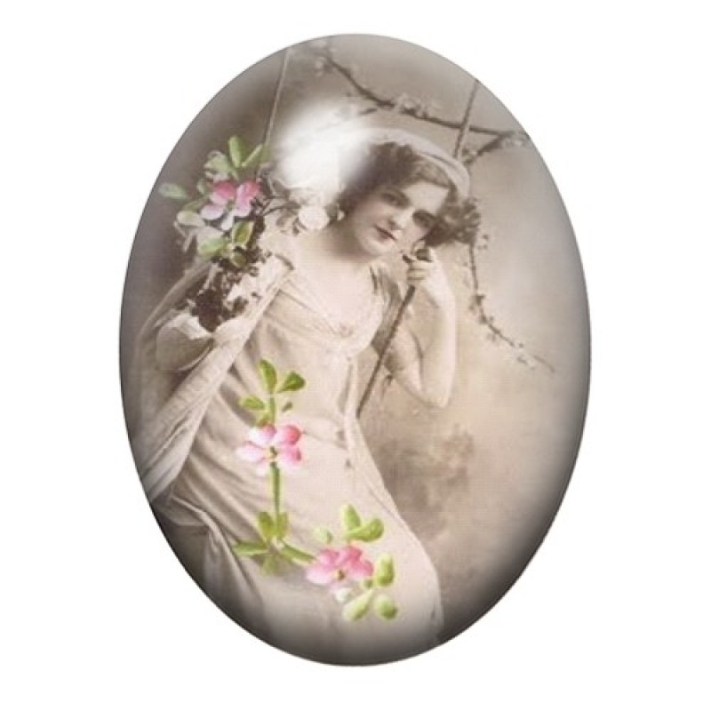 Cabochon en Verre Illustré Femme sur Balançoire Vintage 13x18, 18x25 ou 30x40mm