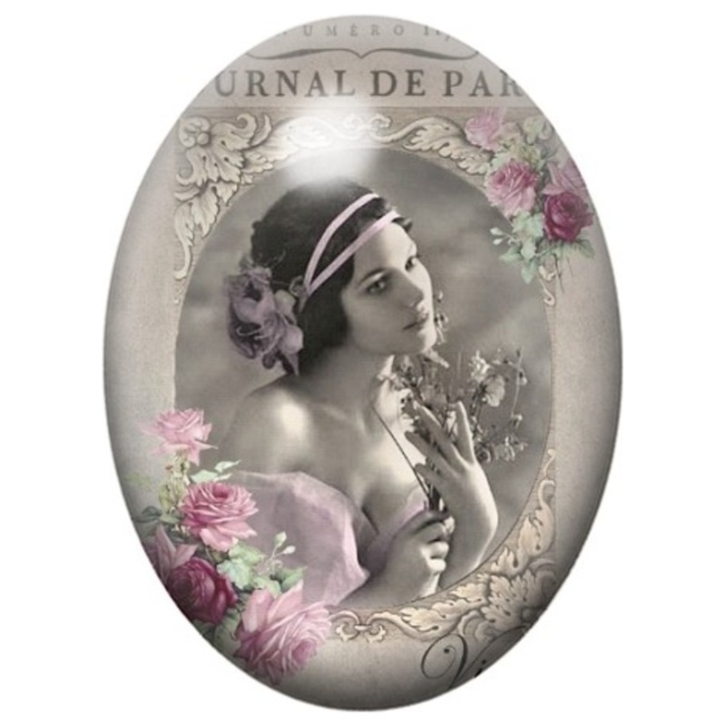 Cabochon en Verre Illustré Femme Vintage aux Roses 13x18, 18x25 ou 30x40mm