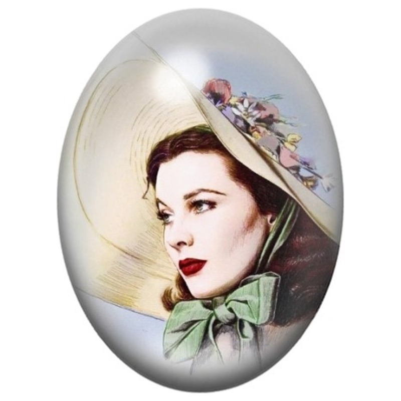 Cabochon en Verre Illustré Scarlett O’Hara au Chapeau Fleuri 13x18, 18x25 ou 30x40mm