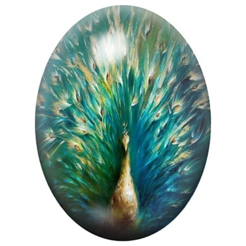 Cabochon en Verre Illustré Paon Turquoise Lumineux 13x18, 18x25 ou 30x40mm