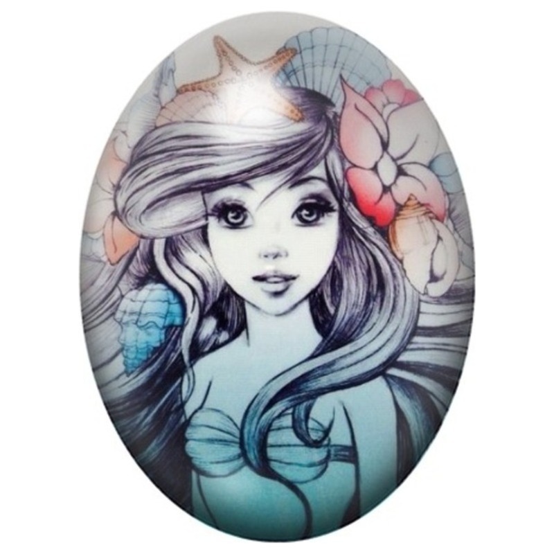 Cabochon en Verre Illustré Petite Sirène aux Fleurs Roses 13x18, 18x25 ou 30x40mm