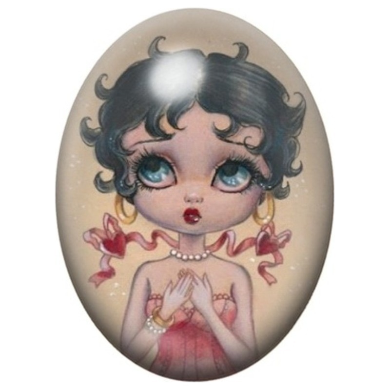 Cabochon en Verre Illustré Pin-Up Rétro aux Rubans Roses 13x18, 18x25 ou 30x40mm