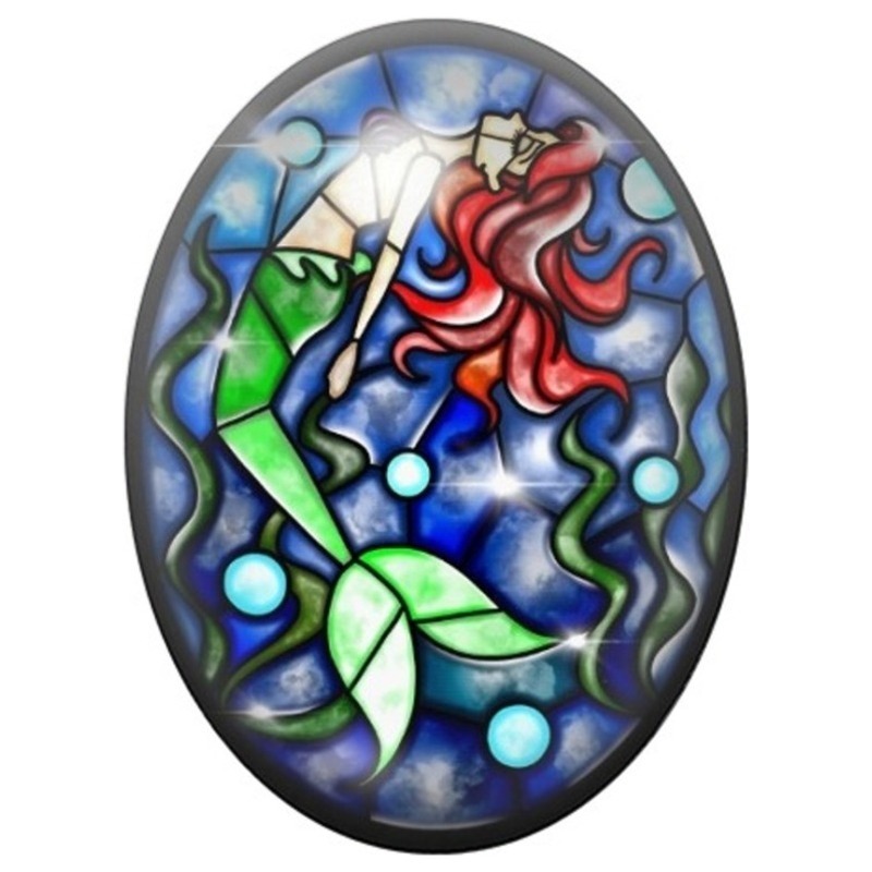 Cabochon en Verre Illustré Petite Sirène en Vitrail 13x18, 18x25 ou 30x40mm