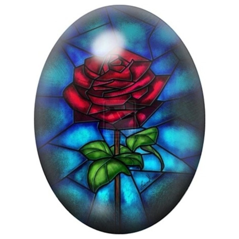 Cabochon en Verre Illustré Rose Rouge en Vitrail 13x18, 18x25 ou 30x40mm