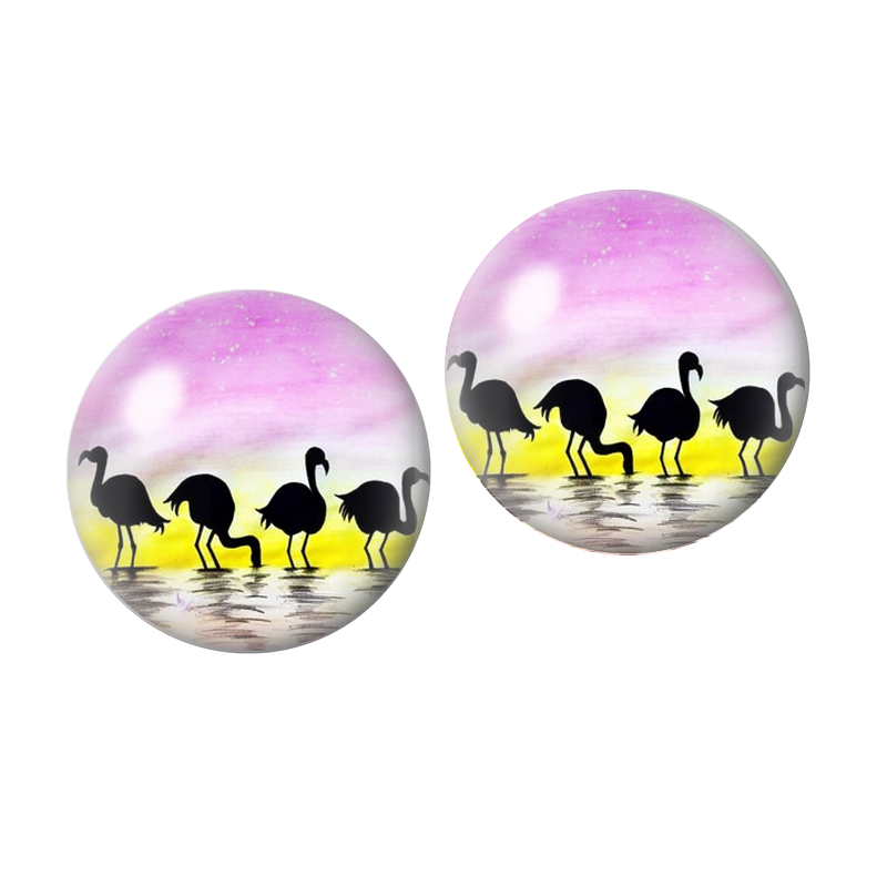 2 Cabochons en Verre Illustrés Flamant Rose 12mm