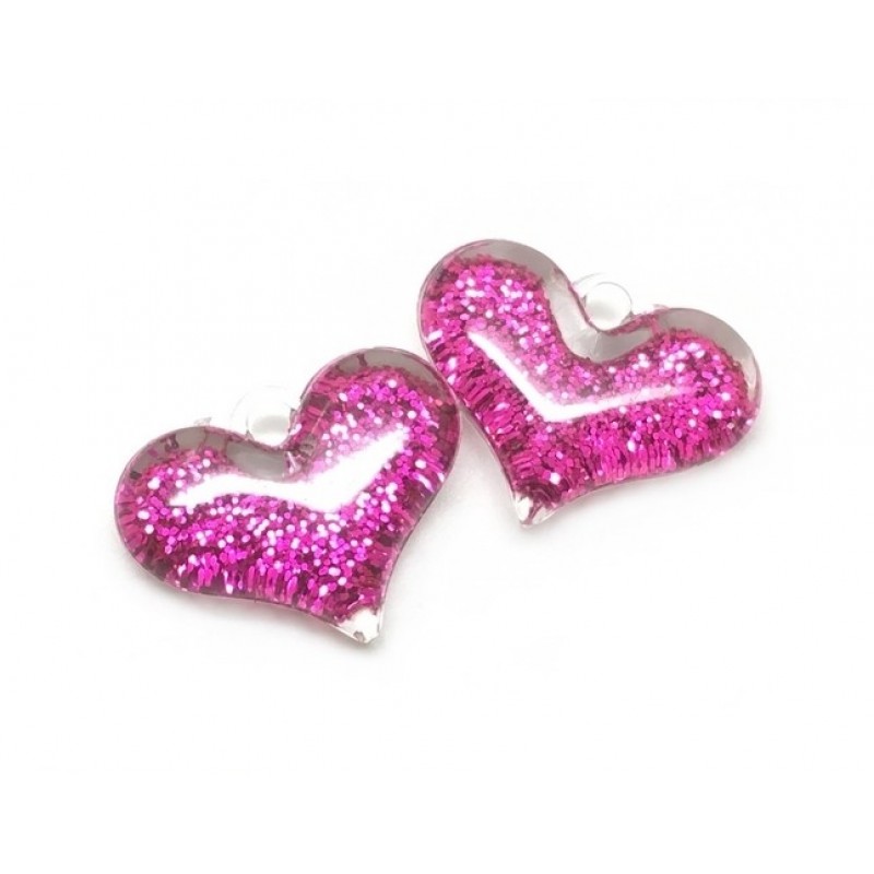 2 Breloques en Résine Coeur Paillettes Fuchsia 28x21mm