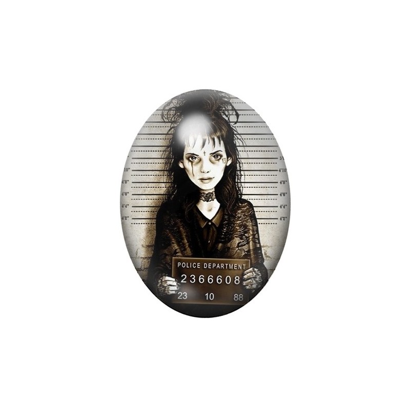 Cabochon en Verre Illustré Lydia Beetlejuice Coupable Police Gothique 13x18, 18x25 ou 30x40mm
