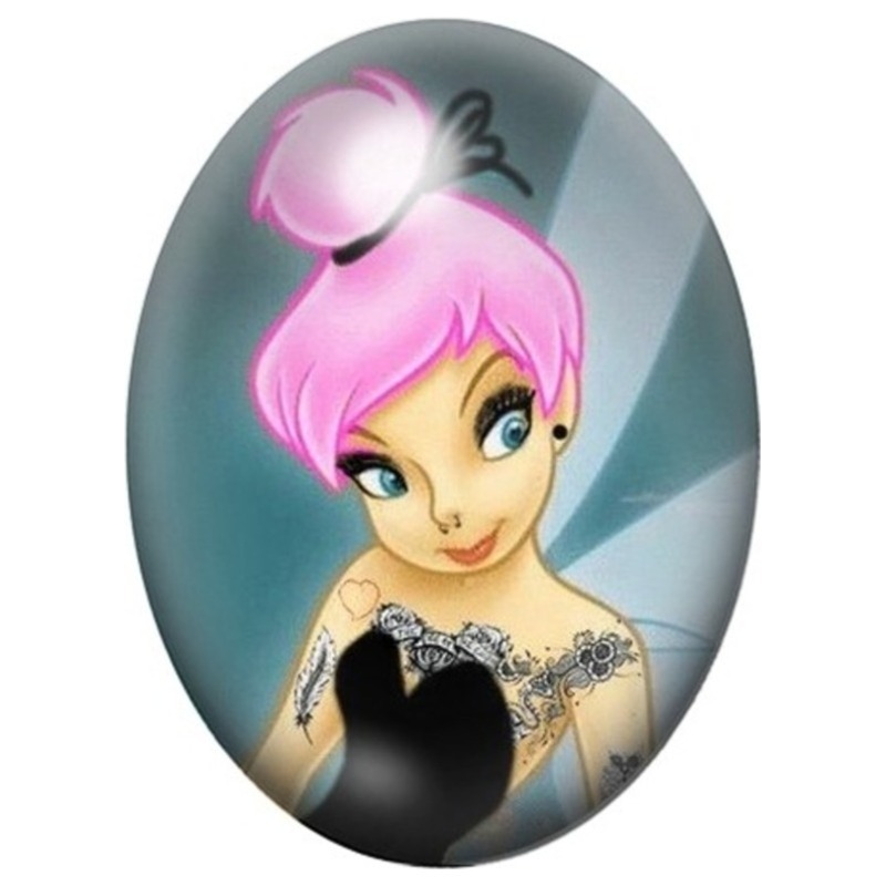 Cabochon en Verre Illustré Fée Rock aux Cheveux Roses 13x18, 18x25 ou 30x40mm