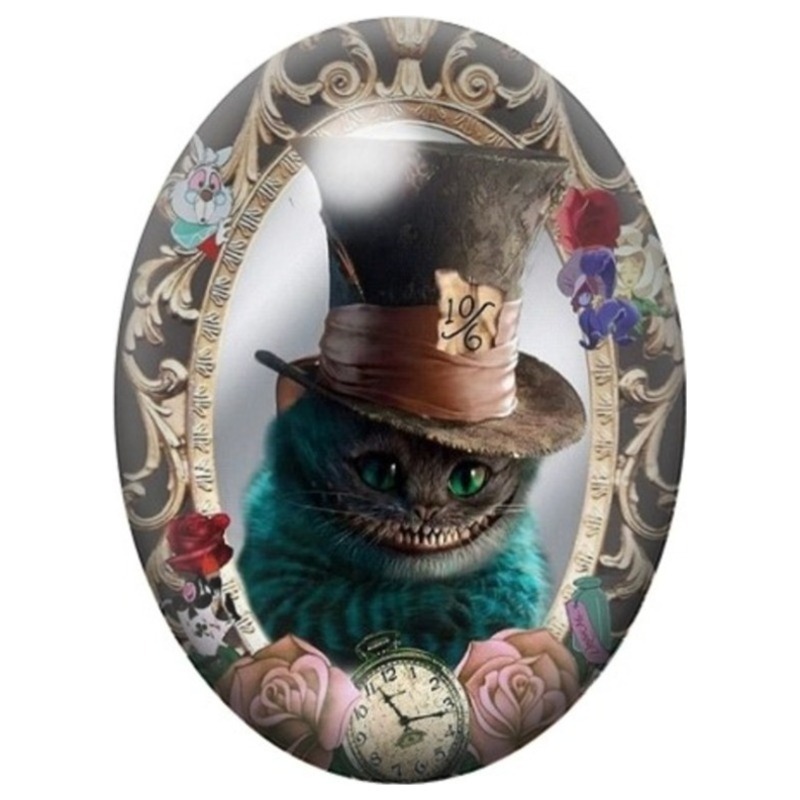 Cabochon en Verre Illustré Chat du Cheshire au Chapeau 13x18, 18x25 ou 30x40mm