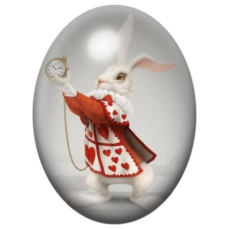 Cabochon en Verre Illustré Lapin Blanc à la Trompette 13x18, 18x25 ou 30x40mm