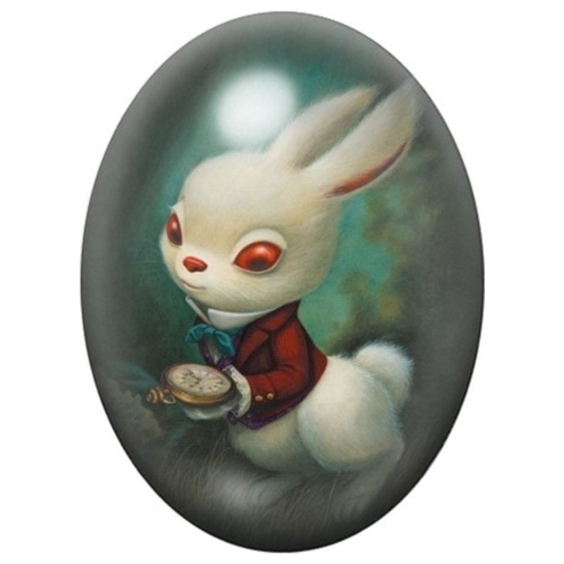 Cabochon en Verre Illustré Lapin Blanc à la Montre 13x18, 18x25 ou 30x40mm