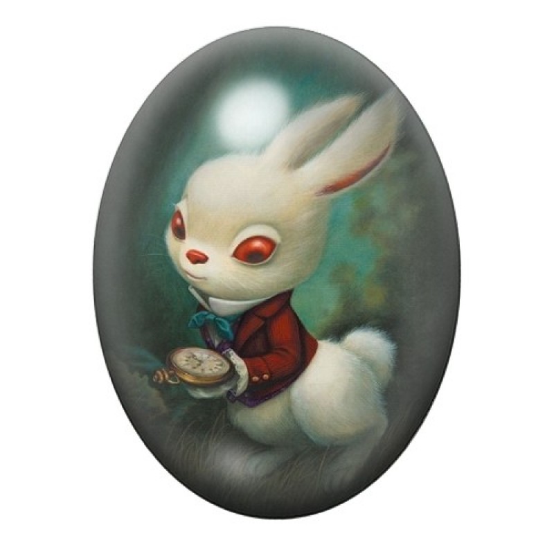 Cabochon en Verre Illustré Lapin Blanc Alice au Pays des Merveilles 13x18, 18x25 ou 30x40mm