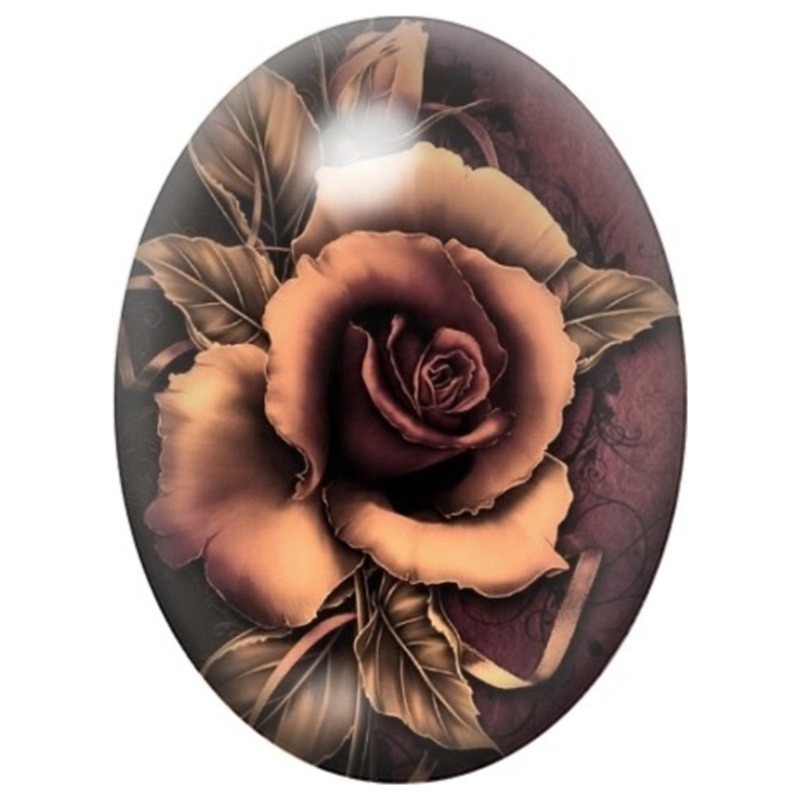 Cabochon en Verre Illustré Rose Sépia aux Feuilles Sombres 13x18, 18x25 ou 30x40mm