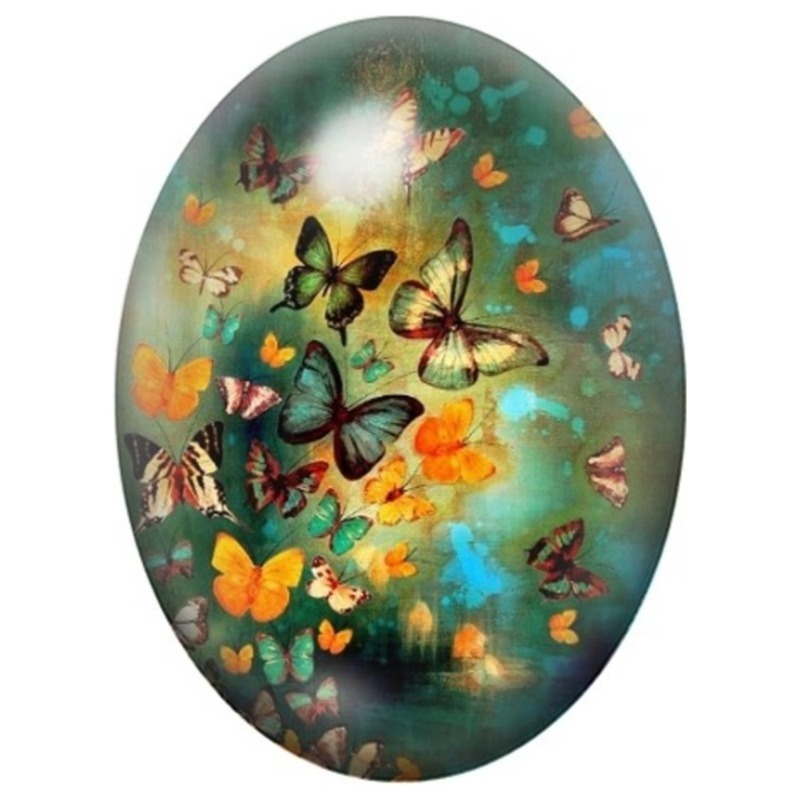 Cabochon en Verre Illustré Papillons dans un Jardin Turquoise 13x18, 18x25 ou 30x40mm